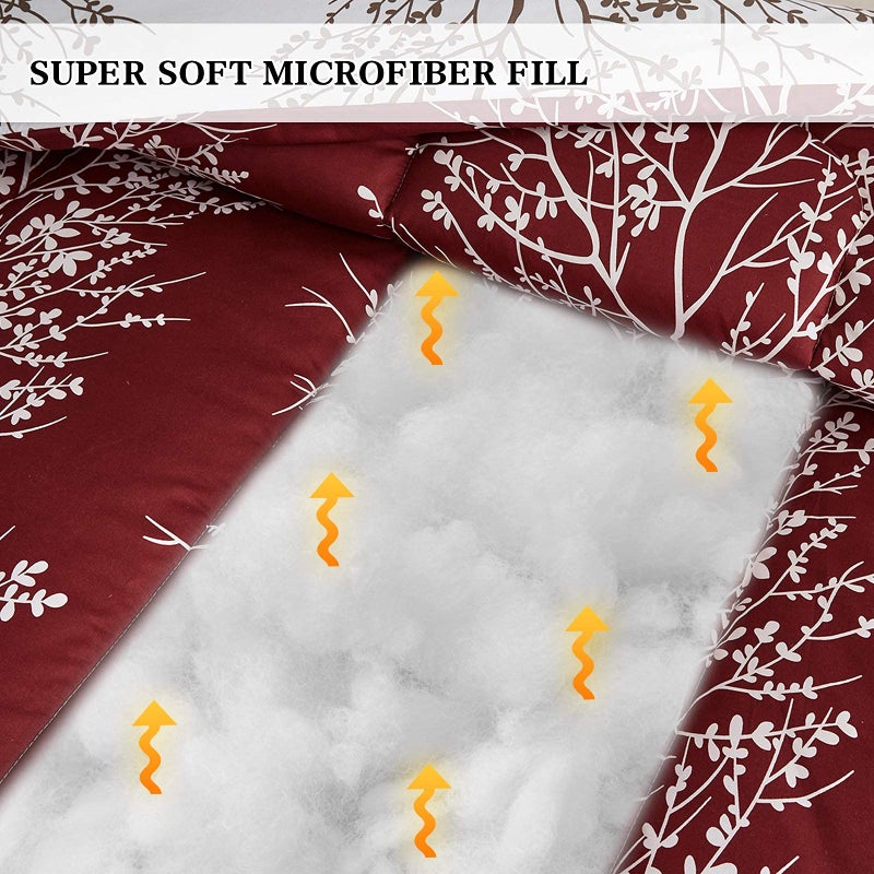 Flysheep Burgundy Red Botanical Christmas Comforter Set Queen Full Size, Red and White Tree Branch Floral Reversible 3 Piece Bedding Set, Ultra Soft Microfiber for All Season - Image 4
